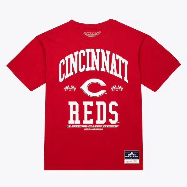 Cincinnati Reds Red 2025 MLB Speedway Classic Flag Arch T-Shirt