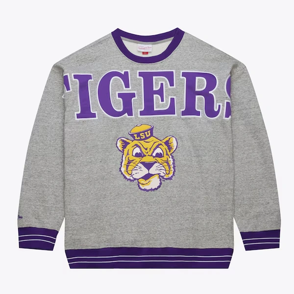 LSU Tigers Heather Gray Vintage Logo Full Field Satin Fleece Pullover Sweatshirt