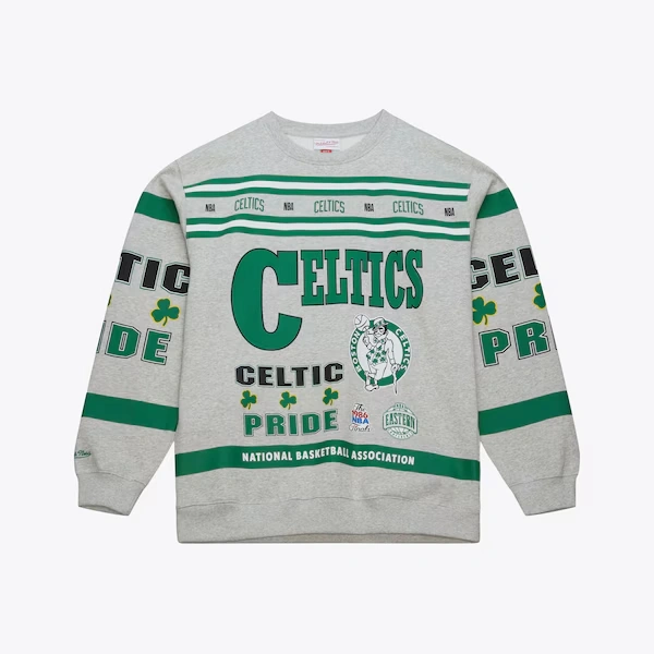Boston Celtics Heather Gray All Over Print Vintage Fleece Crewneck Sweatshirt