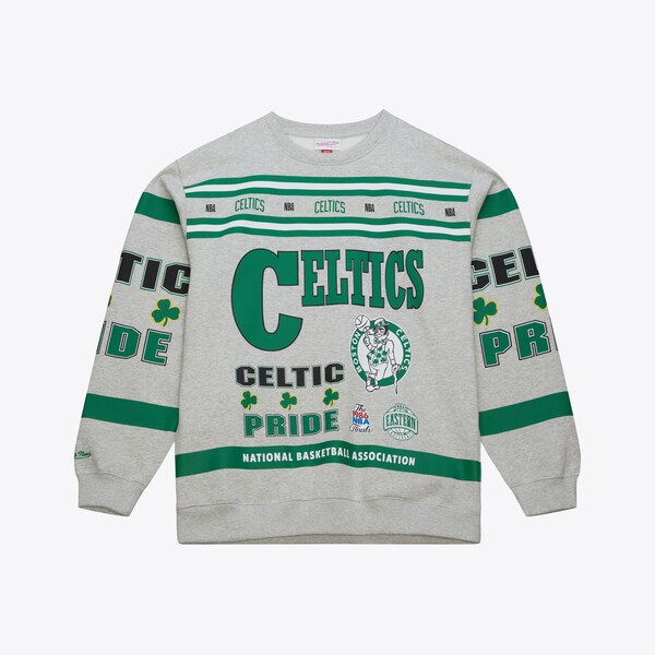 Boston Celtics Heather Gray All Over Print Vintage Fleece Crewneck Sweatshirt
