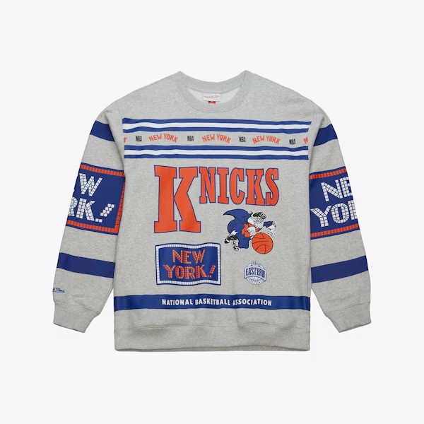 New York Knicks Heather Gray All Over Print Vintage Fleece Crewneck Sweatshirt