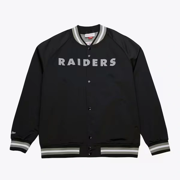 Oakland Raiders Black Gridiron Classics Lightweight Satin Raglan Full-Snap Jacket