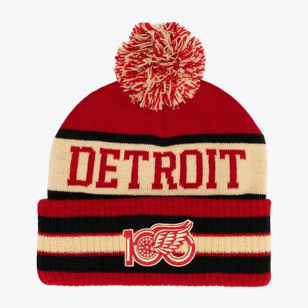 Detroit Red Wings Red/Tan 100th Anniversary Cuffed Knit Hat with Pom