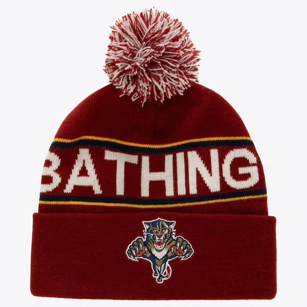 Bape x M&N Red Cuffed Knit Pom Hat