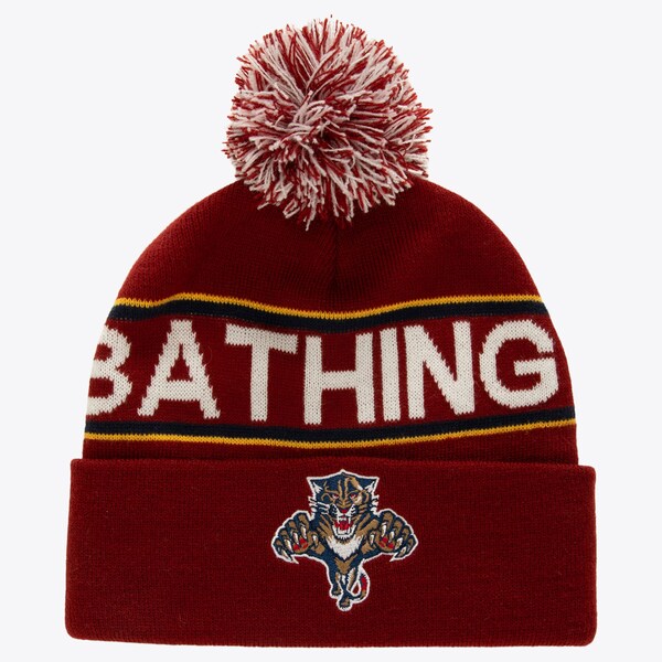 Bape x M&N Red Cuffed Knit Pom Hat