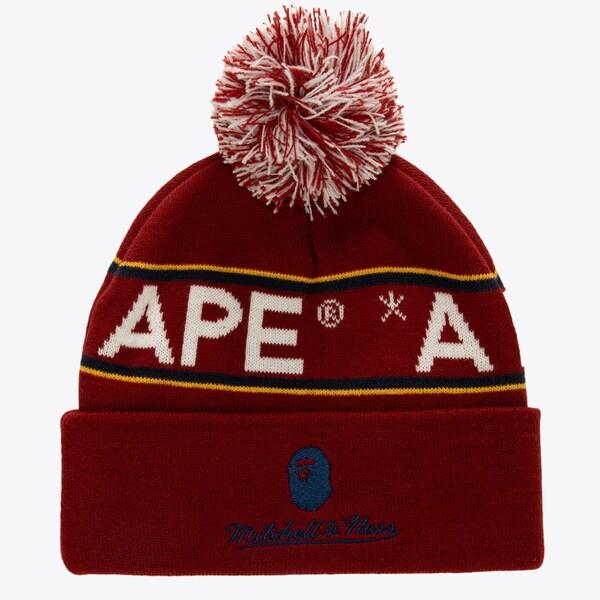 Bape x M&N Red Cuffed Knit Pom Hat