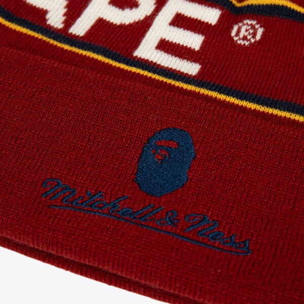 Bape x M&N Red Cuffed Knit Pom Hat