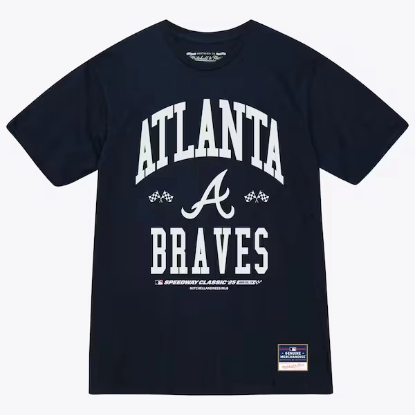 Atlanta Braves Navy 2025 MLB Speedway Classic Flag Arch T-Shirt