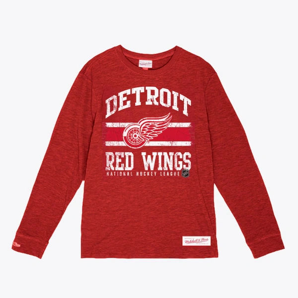 Detroit Red Wings Red Striped Logo Lockup Slub Long Sleeve T-Shirt