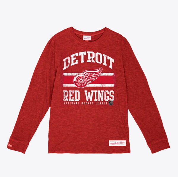 Detroit Red Wings Red Striped Logo Lockup Slub Long Sleeve T-Shirt