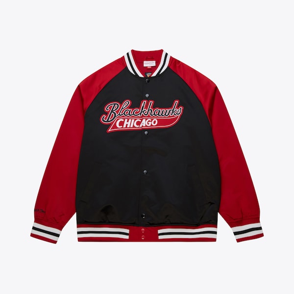 Chicago Blackhawks Black Vintage Logo Double Clutch Lightweight Satin Raglan Full-Snap Jacket