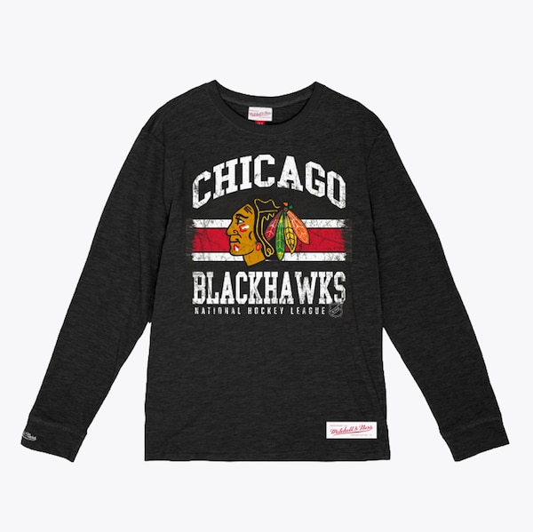 Chicago Blackhawks Black Striped Logo Lockup Slub Long Sleeve T-Shirt