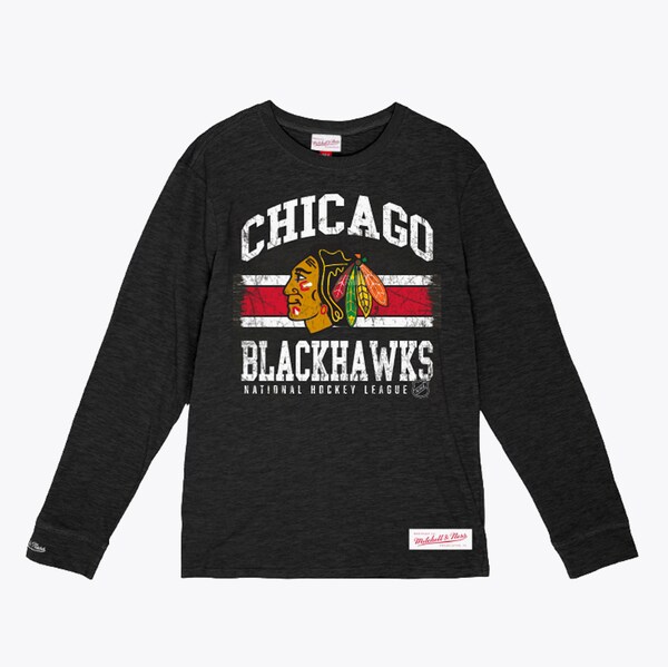 Chicago Blackhawks Black Striped Logo Lockup Slub Long Sleeve T-Shirt