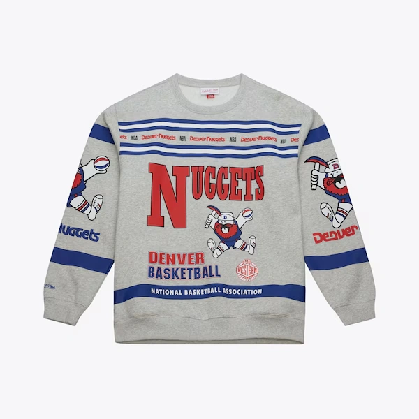 Denver Nuggets Heather Gray All Over Print Vintage Fleece Crewneck Sweatshirt