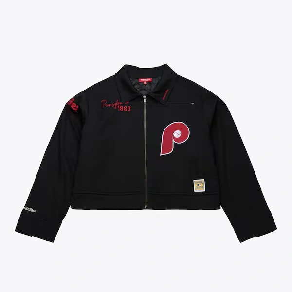 Women's Philadelphia Phillies Black Cooperstown Mechanic Cropped Full-Zip Jacket