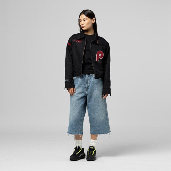 Women's Philadelphia Phillies Black Cooperstown Mechanic Cropped Full-Zip Jacket