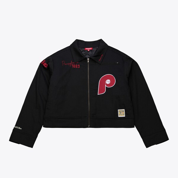 Women's Philadelphia Phillies Black Cooperstown Mechanic Cropped Full-Zip Jacket