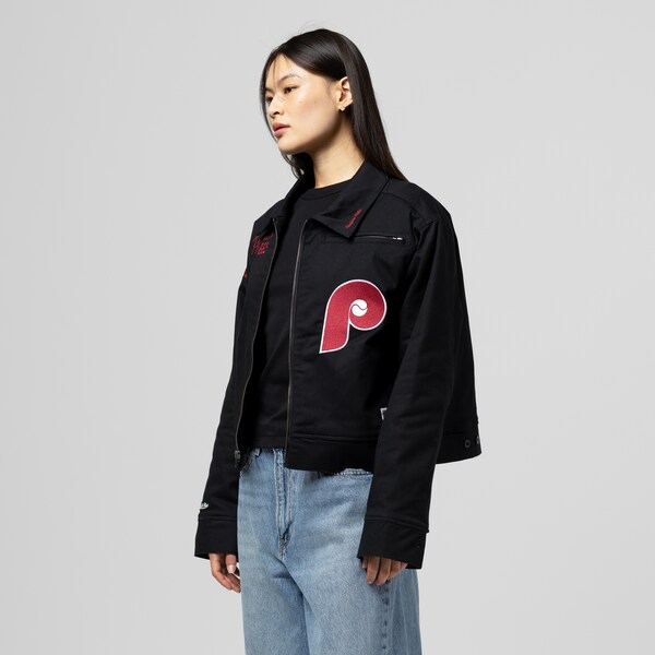 Women's Philadelphia Phillies Black Cooperstown Mechanic Cropped Full-Zip Jacket