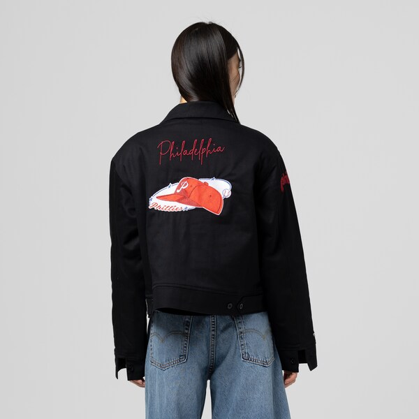 Women's Philadelphia Phillies Black Cooperstown Mechanic Cropped Full-Zip Jacket