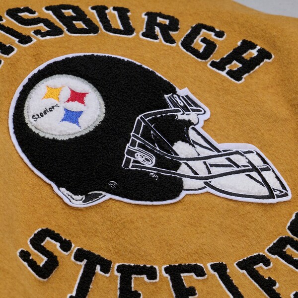 Pittsburgh Steelers Brown/Cream Dusted Varsity Full-Snap Jacket 10 Pittsburgh Steelers Brown/Cream Dusted Varsity Full-Snap Jacket