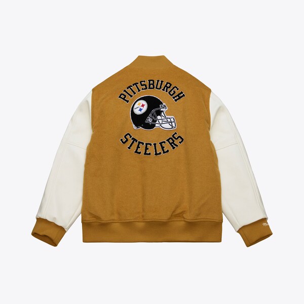 Pittsburgh Steelers Brown/Cream Dusted Varsity Full-Snap Jacket 3 Pittsburgh Steelers Brown/Cream Dusted Varsity Full-Snap Jacket