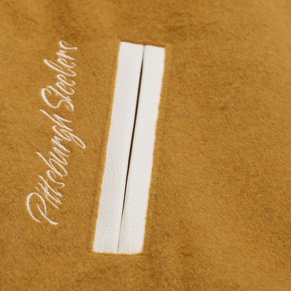 Pittsburgh Steelers Brown/Cream Dusted Varsity Full-Snap Jacket 4 Pittsburgh Steelers Brown/Cream Dusted Varsity Full-Snap Jacket