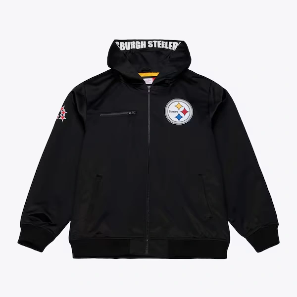 Pittsburgh Steelers Black Walk the Tunnel Hooded Satin Bomber Full-Zip Jacket